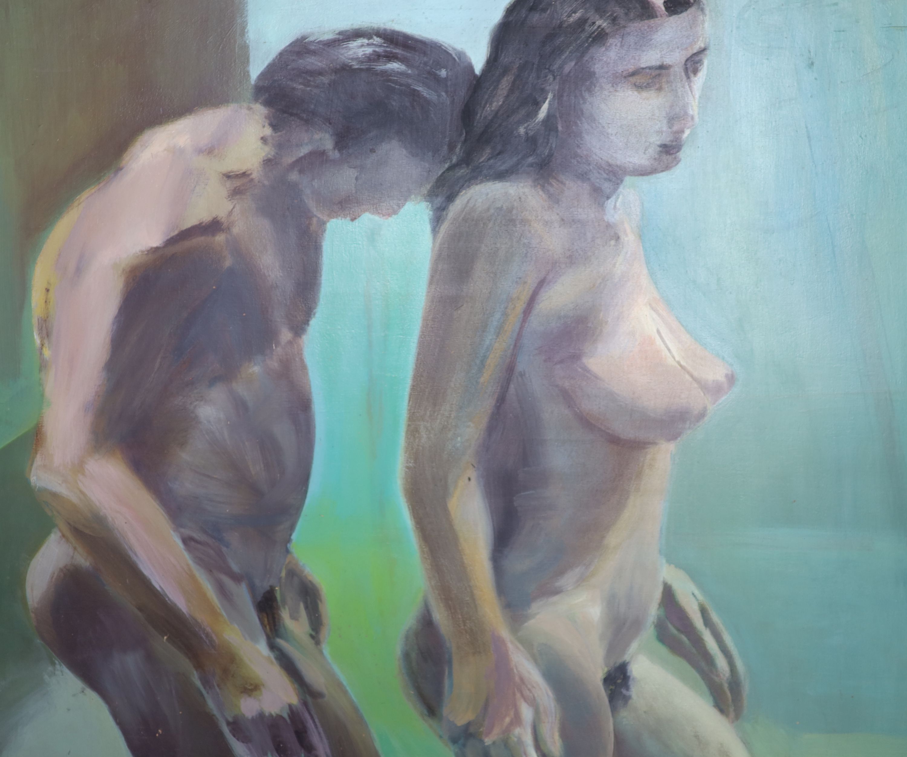 Roland Gautier, oil on panel, Study of nudes, signed verso and dated 1994, 103 x 123cm, unframed